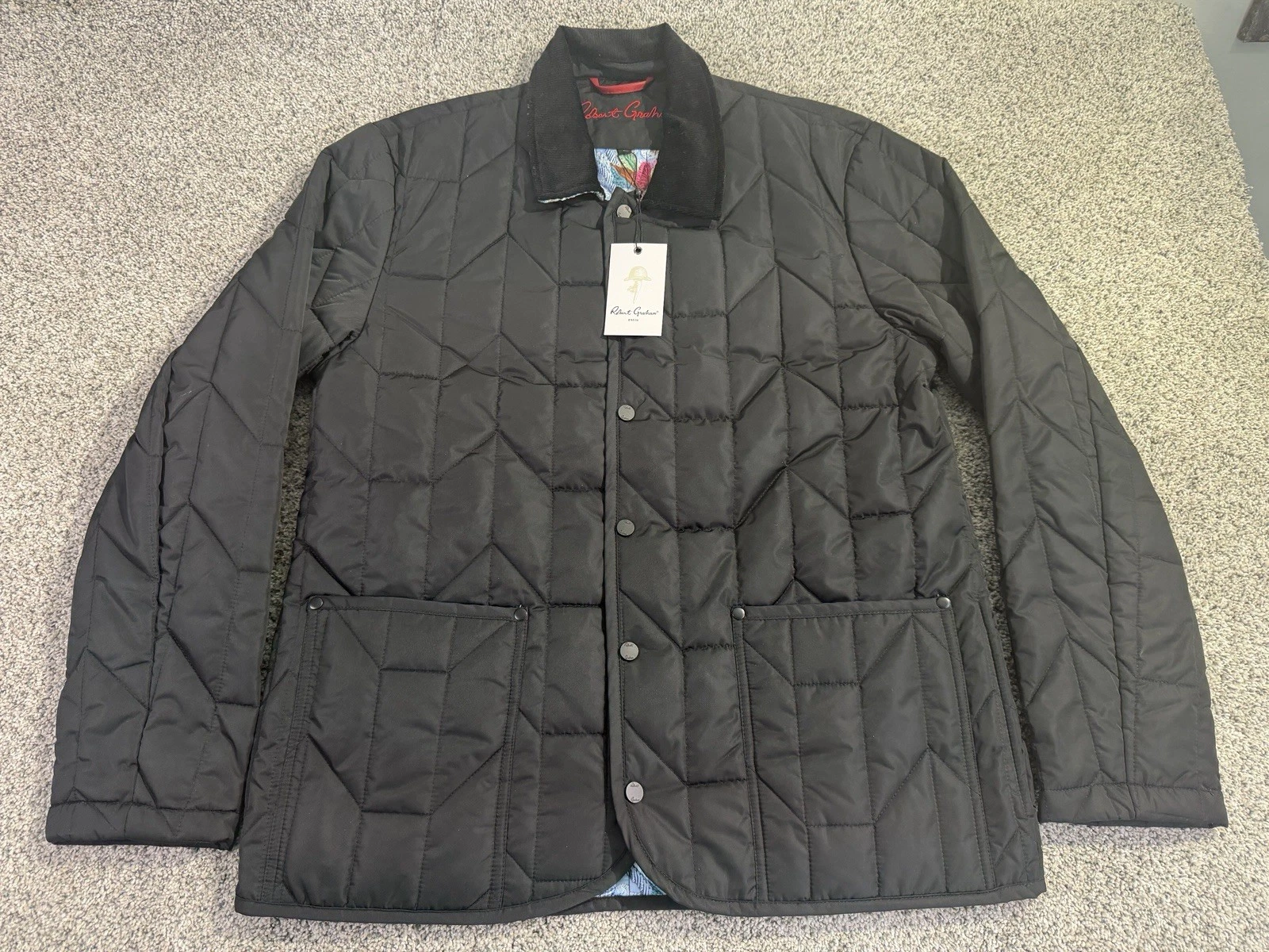 NWT Robert Graham Men’s Quilted Jacket Puffer Shirt Large Black Print Lining image 1