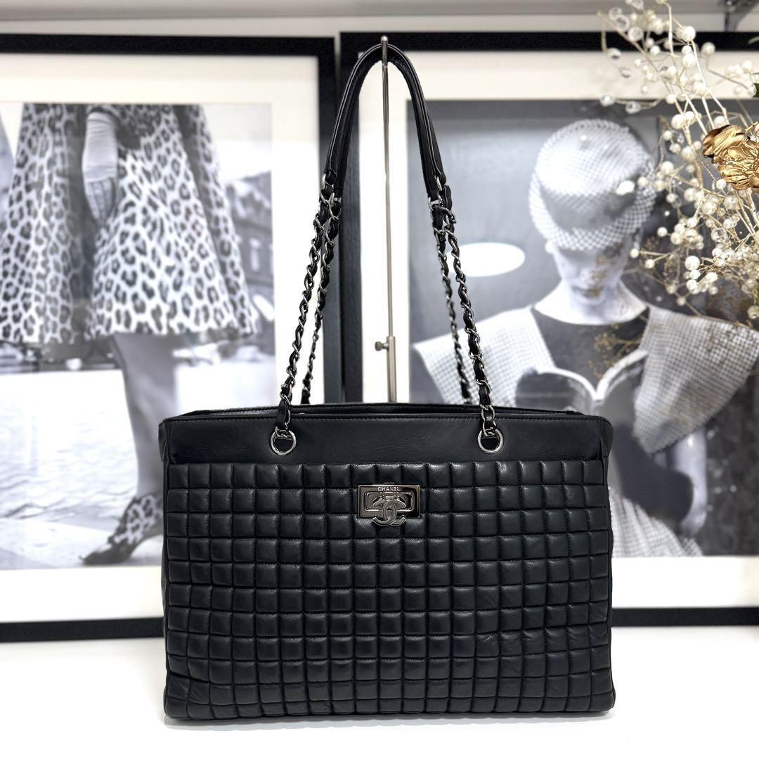 CHANEL Black Leather Chain Tote Bag Chocolate Bar Design