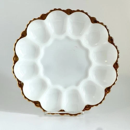 Vintage Anchor Hocking White Glass Deviled Egg Plate Gold Trim Easter Sunday 9.5