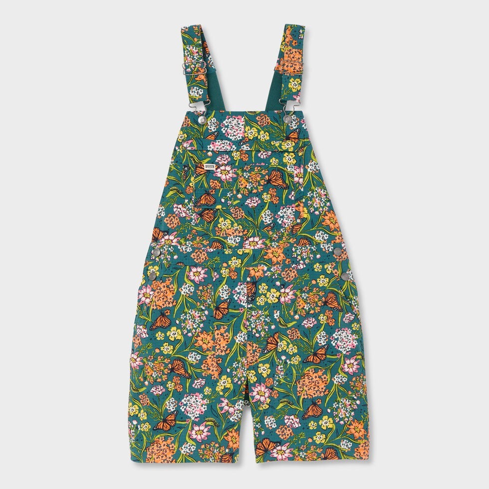 Duluth. Women's Heirloom Gardening 7" Short Overalls Midnight Green Monarchs
