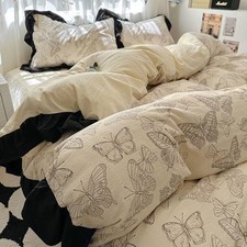 4pcs Duvet Cover Set Queen Size-Washed Cotton Ultra Soft Ruffle Bedding Set i...