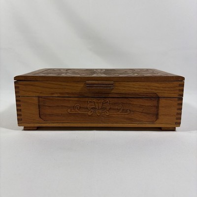 Vintage Carved Wooden Box Dovetail with Hinges 10 1/2 x 6 1/4