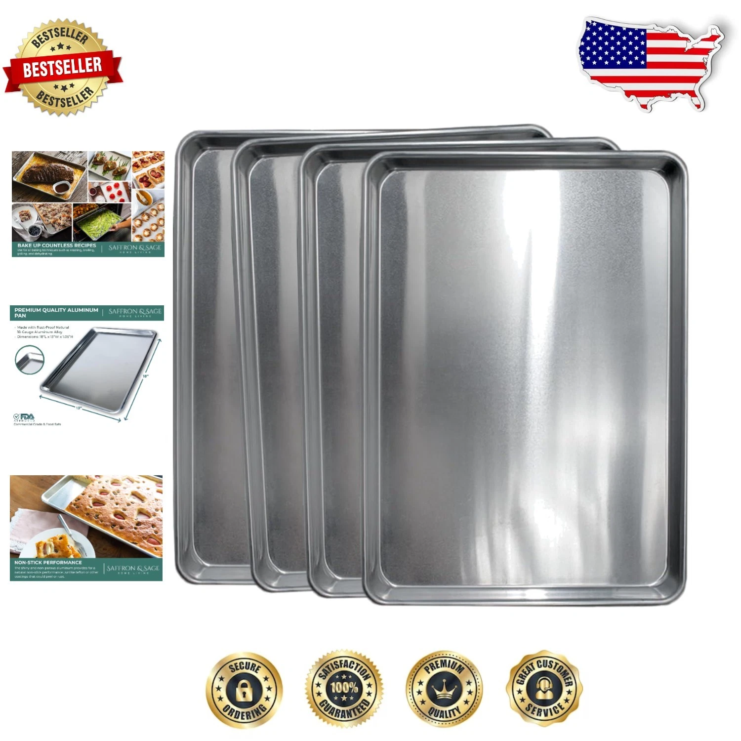 Durable Aluminum Baking Sheet Pan 4 Piece - 18x13 Rust Proof Commercial Quality
