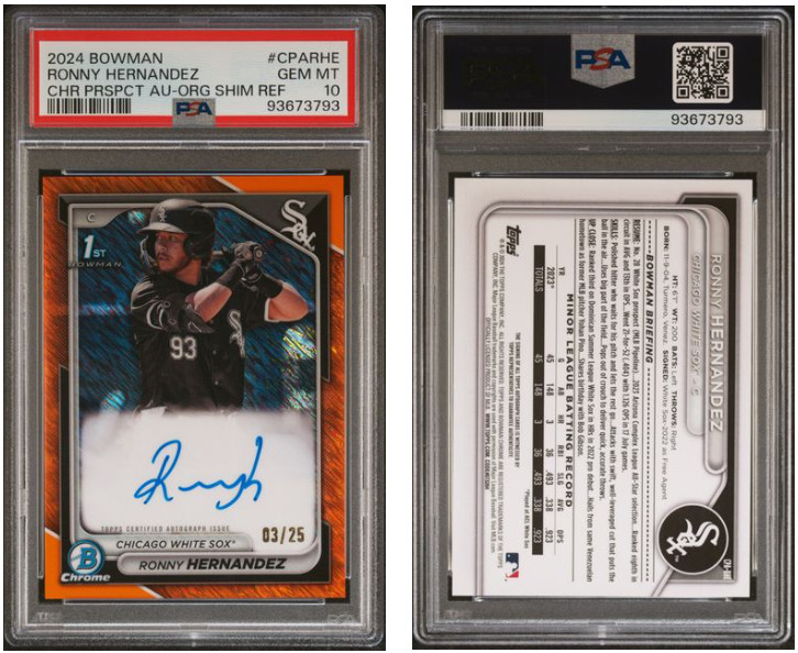 2024 Bowman Chrome 1st Auto Ronny Hernandez Orange Shimmer /25 PSA 10 Red Sox
