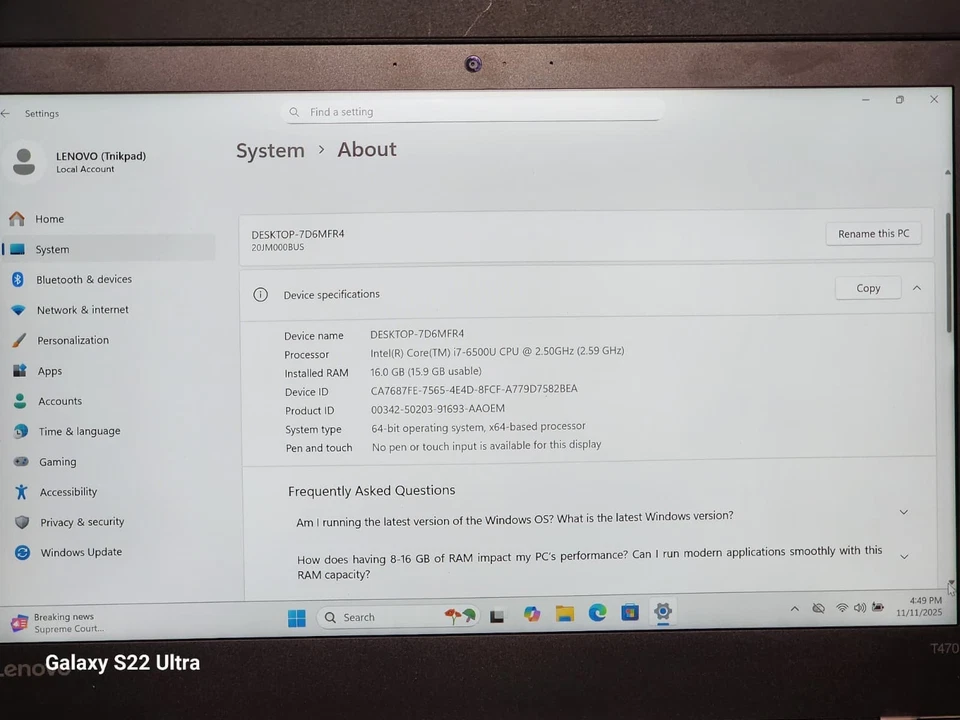 Lenovo ThinkPad T470 i7 16GB RAM 256GB NVMe SSD 14" Win11 Huella Digital Tarjeta SD Foto 3 de 4