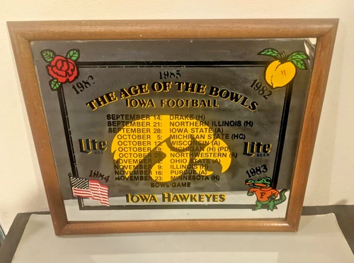 Vintage 1983 Iowa Hawkeyes AGE OF THE BOWLS Miller Lite Beer Mirror Sign 16"x20"