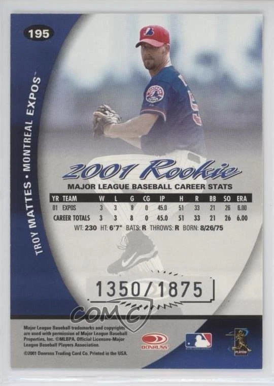 2001 Donruss Class Of 2001 /1875 Troy Mattes #195 Rookie RC - Image 2 of 2