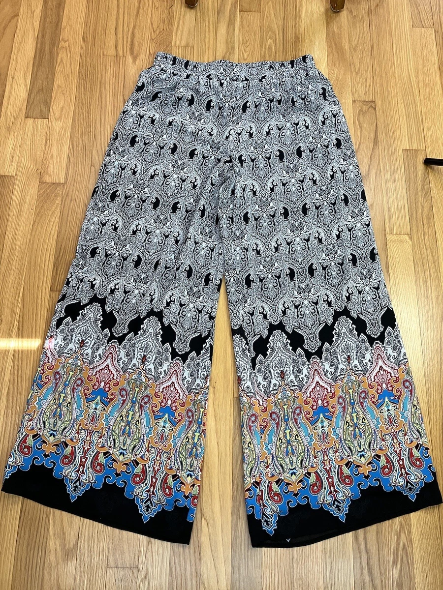 CATO WOMENS WIDE LEG COLORFUL PULL ON ELASTIC LINED PANTS PAISLEY PRINT SIZE L
