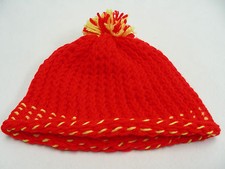 RED WITH YELLOW - HAND KNITTED - YOUTH ONE SIZE - STOCKING CAP BEANIE HAT