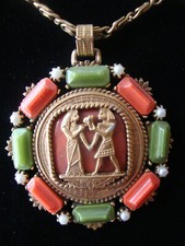 Vintage Egyptian Revival Large Pendant Necklace Orange Green GT Figures
