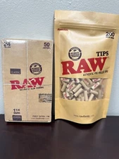Raw (1 1/4) Classic Cigarette Rolling Paper(24 Pack)+Pre Rolled Tips (200 BAG)