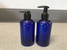 NEW 8 oz Blue PLASTIC Boston Round Bottle with WIDE COMFORT Pump  7.50-12.50