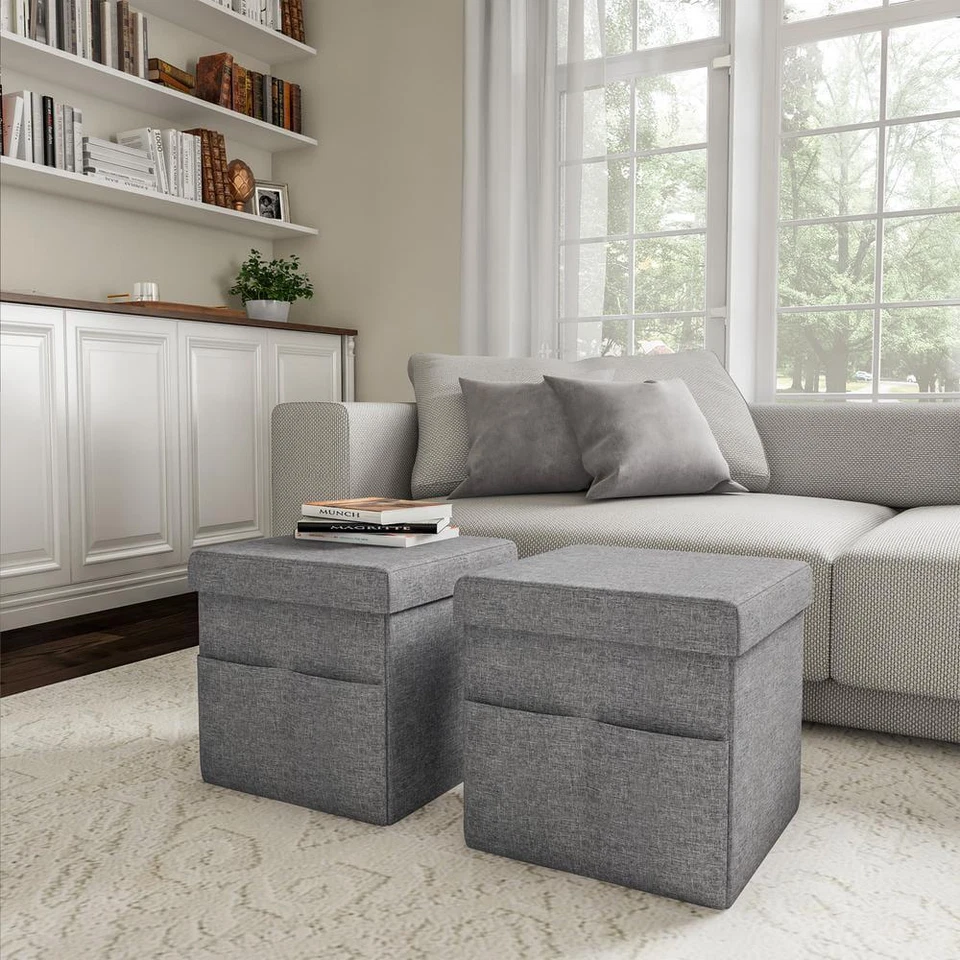 Lavish Home Foldable Storage Cube Ottoman Charcoal Gray Pockets (Set of 2) - Image 2 of 4