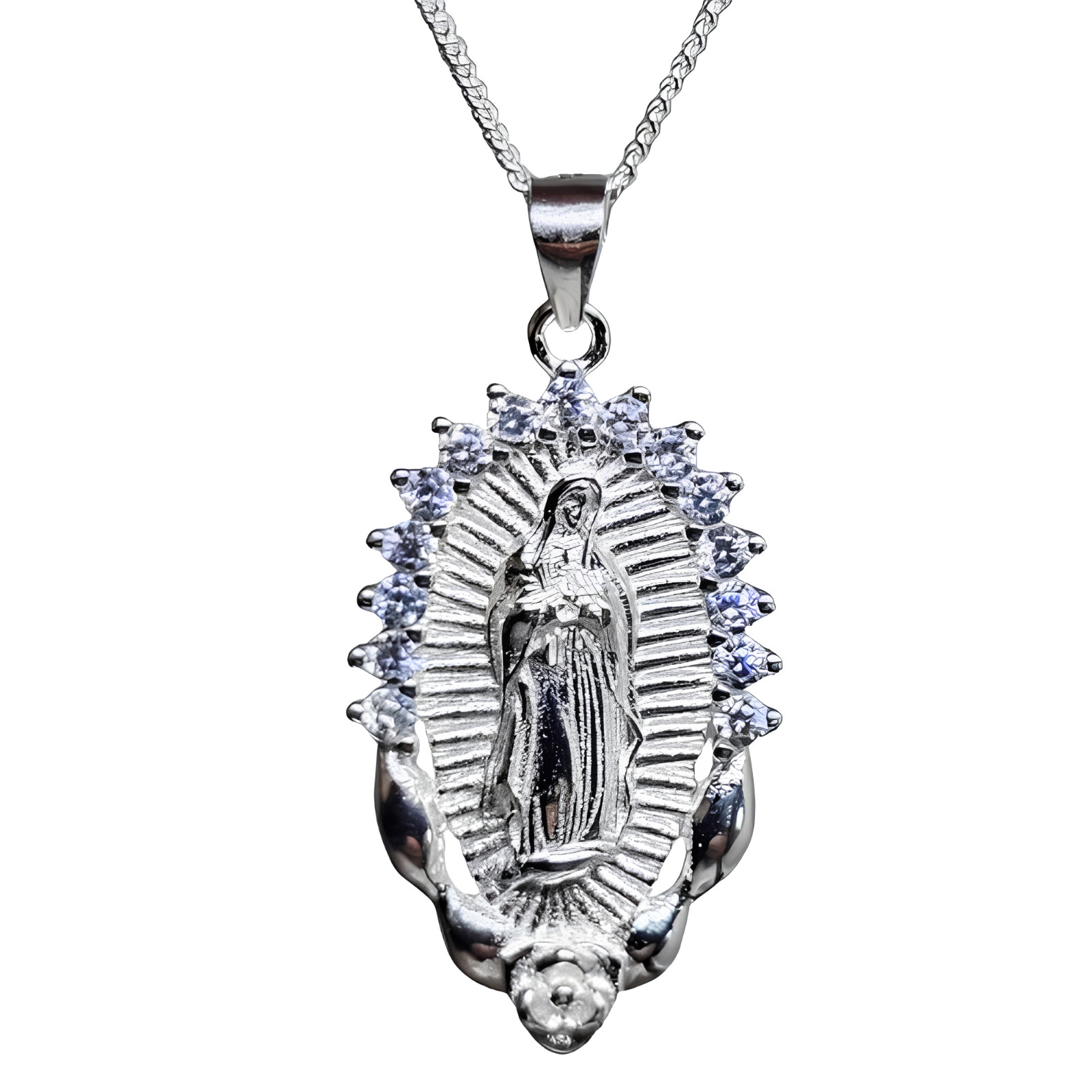Madonna Virgin Mary Pendant Necklace Gemstones 925 Silver Jewellery And Boxed