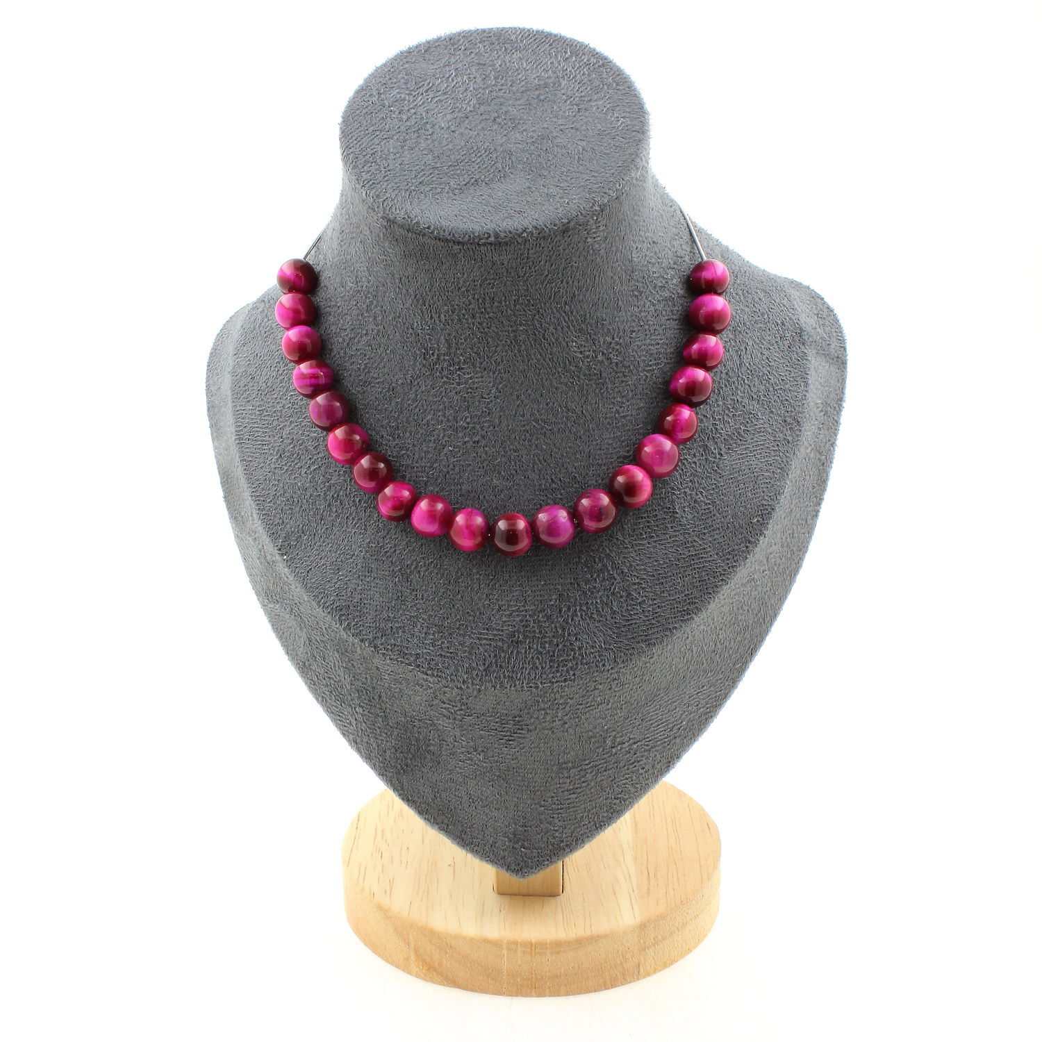 Collier Oeil de Tigre fuchsia 8 mm, cadeau idéal en pierres et chaine acier