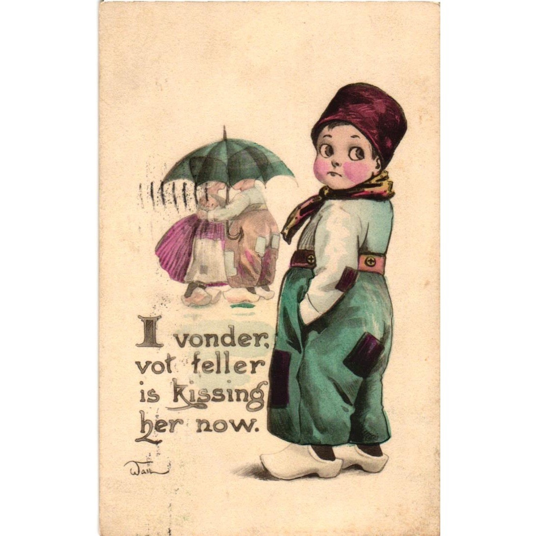 Vintage 1912 Wall Comic Postcard Vonder Vot Feller Is Kissing Her Now Dutch Boy
