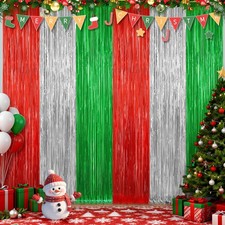 Metallic Fringe Curtains Red Silver Green 2 Pack Tinsel Backdrop