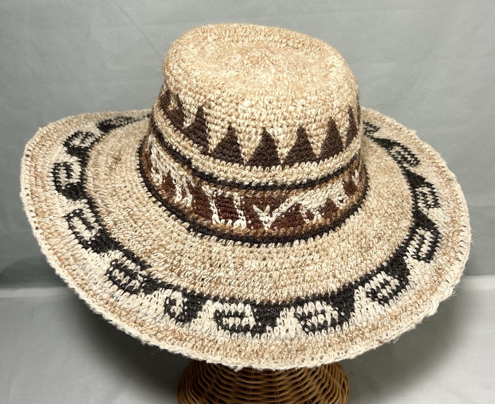 Vtg Rare Peruvian WOOL  HAT Western Hand Woven Aztec & Alpaca Design Wire Brim image 5