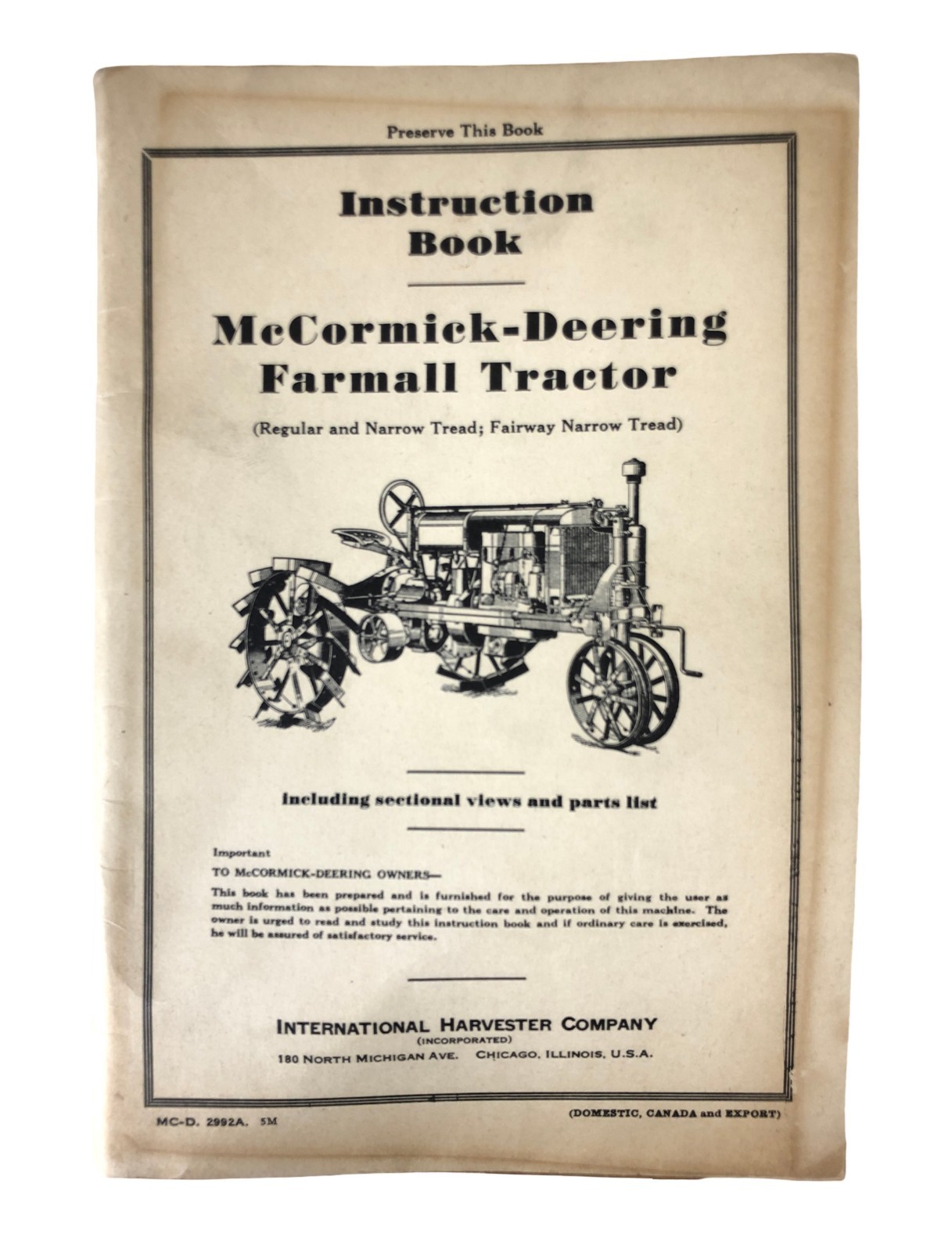 1946 Instruction Book McCormick-Deering Farmall Tractor International Harvester