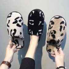 Womens Fuzzy Slippers Indoor Warm Winter Fluffy House Shoes Animal Print Flats