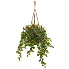 40" Variegated Holly with Berries Artificial Plant in Hanging Basket Real Touch