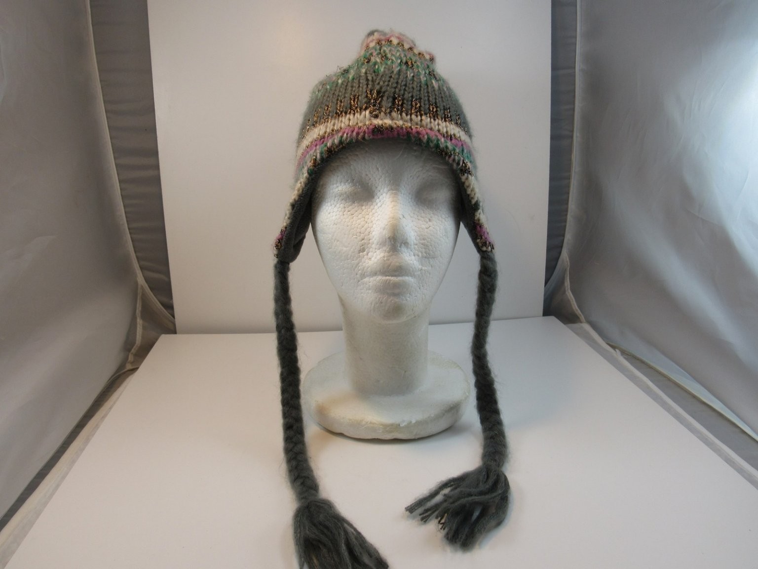 Winter Knit Pom Pom Hat Women's One Size Dark Grey Ear Flap Fleece Lined