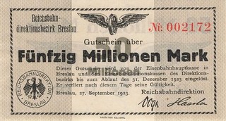 Deutschland Reichsbahn Breslau 50 Millionen Mark 1923 Kassenfrisch