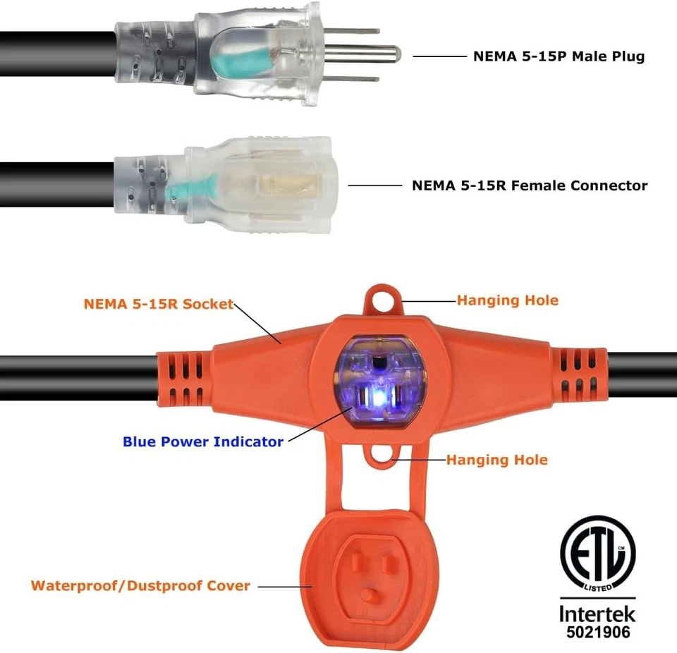 60FT Extension Cord with 11 Outlets Power Strip Heavy Duty 15A Indoor Outdoor - Image 4 of 4