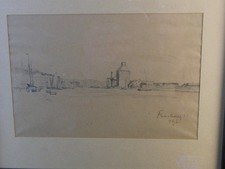 Otto Heinrich Engel 1866-1949 Bleistiftskizze Hafen Flensburg 1925 signiert B4