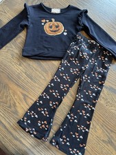 Girls Boutique Halloween Outfit Pumpkin Sequin 4t W/ Cute Flare Pants W/ Heart
