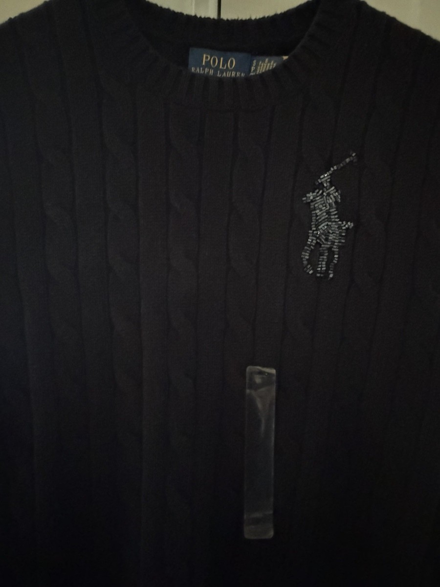 POLO RALPH LAUREN WOMEN'S CABLE-KNIT SMALL BLACK SWEATER BEADED
