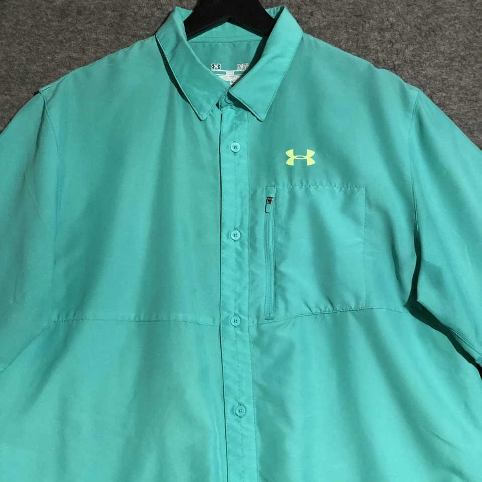 Under Armour Fishing Shirt Mens L Teal HeatGear Short Sleeve Button Up Gorpcore - Image 2 of 4