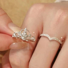 2PCS Fairy Sparkling Diamond Crown Queen Bridal Rings Set 14K White Gold Over