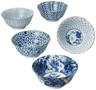 Hasami Ware Multi Bowl Set 15.5cm Blue Patterns 5 Pieces Japan