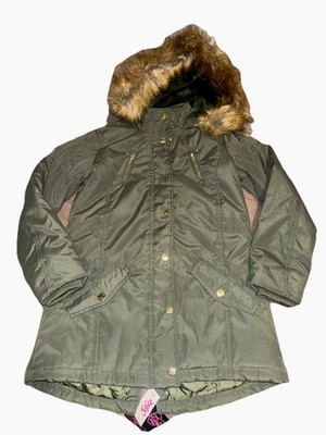 Justice: Girls Green Coat Parka Faux Fur Hood Lined Size 14/16 Full Zip