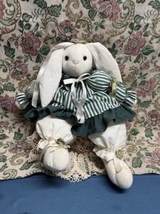 ANCO 1983 Vintage White Rabbit Stuffed Animal Plush Green Striped Dress