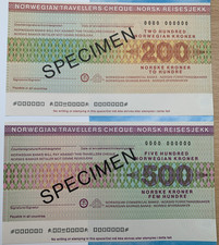 Norsk Reisesjekk 1970s specimen travellers Cheque Kr.200 & Kr.500