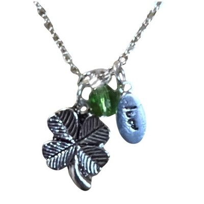 Four Leaf Clover Luck Charm Necklace Green Bead Silver Tone Whimsical