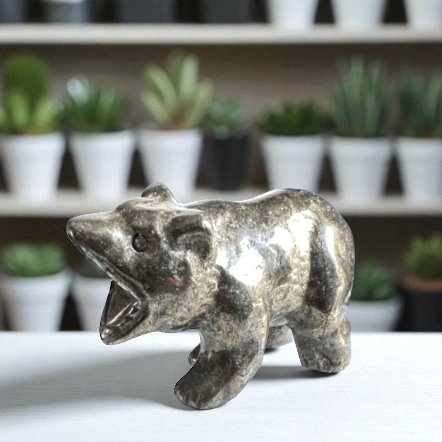 Hand Carved Pyrite Bear Figurine Crystal Animal Sculpture Rustic Home Decor Gift