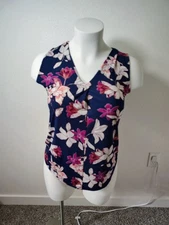 Womens Sz M Floral Blue Top Pink Naif Boho Cottage Fiary Stretch Sleveless Blous