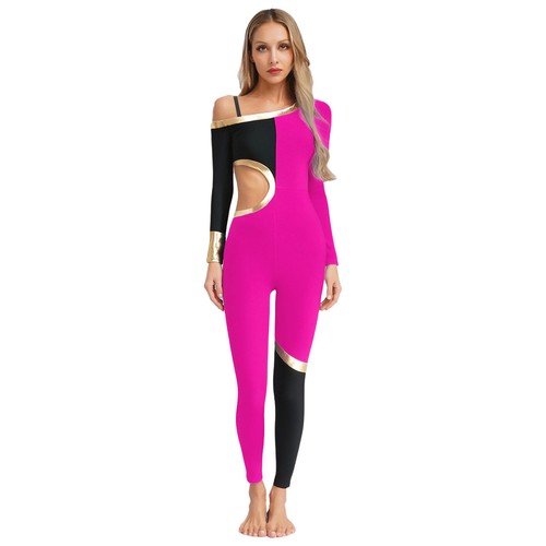 Women Bodysuit Roller Leotard Jazz Jumpsuit Color Block One Shoulder Rhythmic - Picture 19 of 37