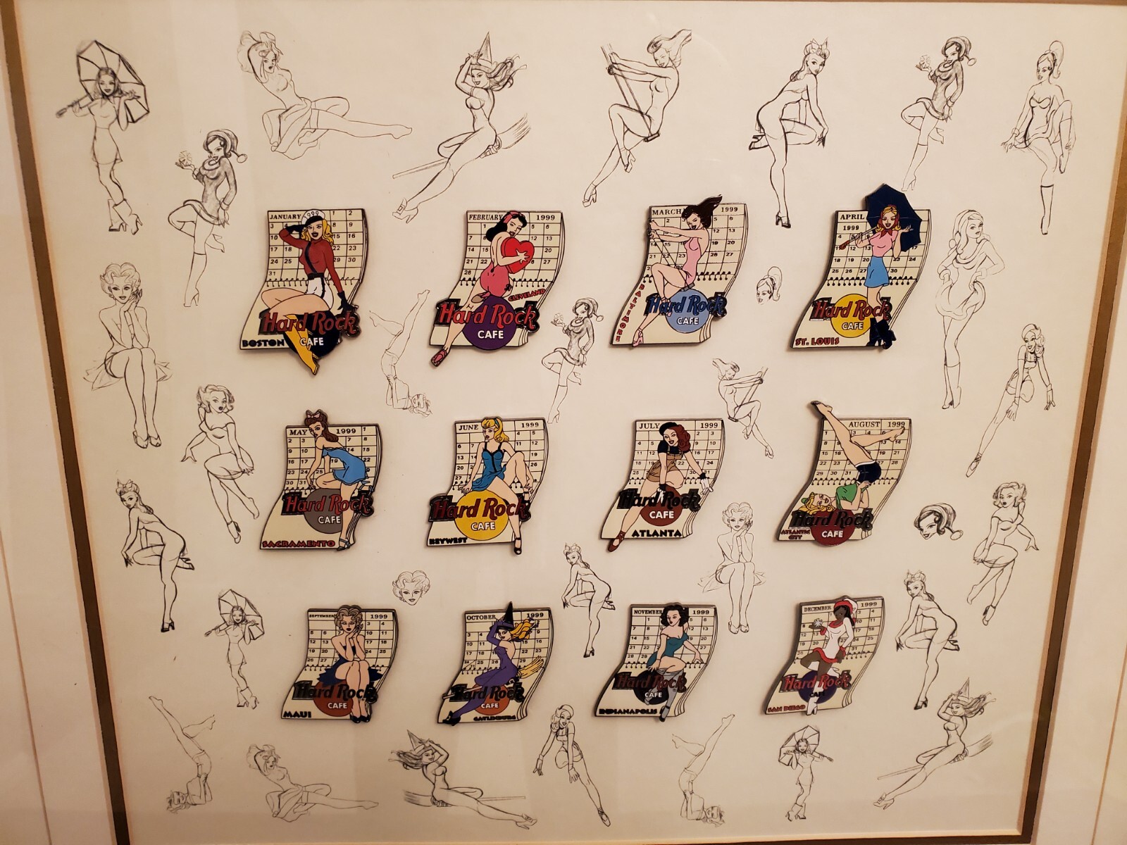 Hard Rock Cafe 1999 Calendar Girls Framed Lapel Pins Limited Edition 729/1999