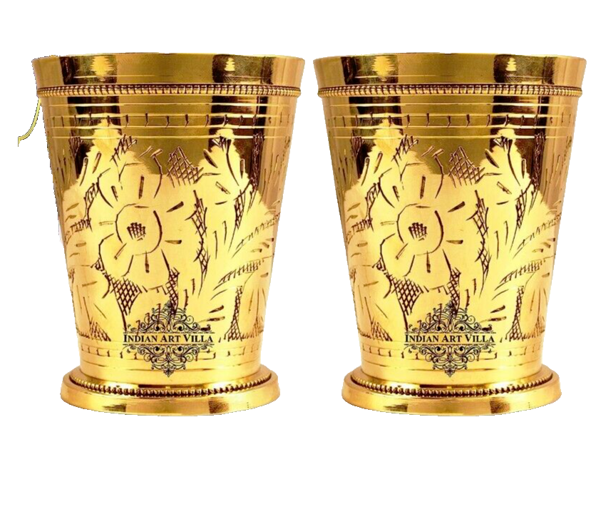 Pure Brass Glass Tumbler with Etched Rocks Design for Drinking Serving, Set of 2