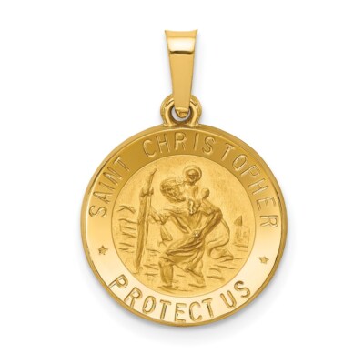 14k Yellow Gold Polished and Satin St. Christopher Medal Hollow Pendant