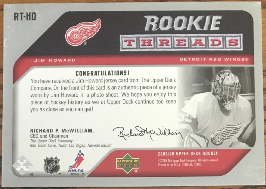 2005-06 Upper Deck Rookie Threads Jim Howard RT-HO Detroit Red Wings - Изображение 2 из 2