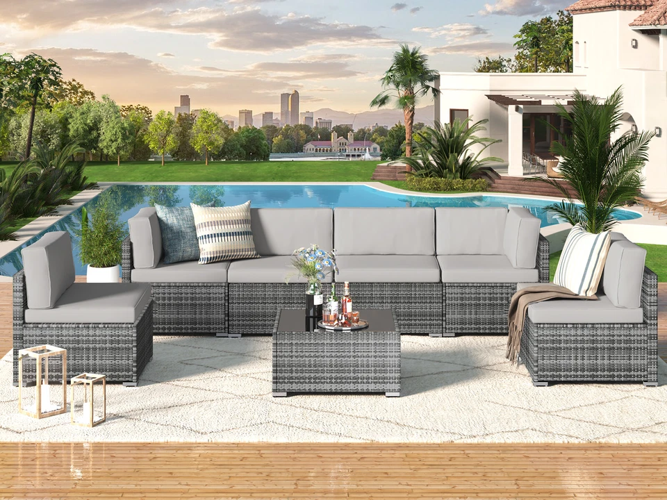 7-Pieces Patio Furniture Set Outdoor Sectional Sofa Rattan Wicker Sofa W/ Table - Image 4 of 4