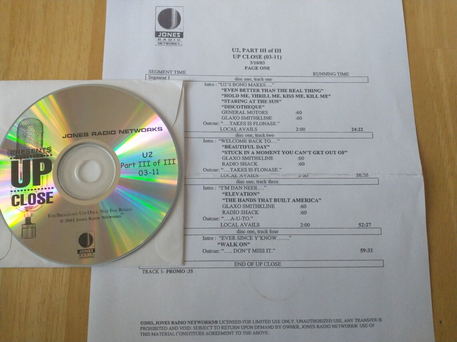 U2 Up Close 1 cd music & interview radio show 3/10/03 #03-11