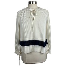 3.1 Phillip Lim Blouse L Womens Ivory Pleated Navy Stripe Tie Ruffle Classic
