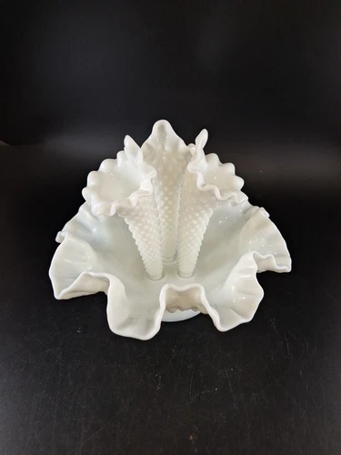 Vintage 1950's Fenton 7" Tall 3 Horn Milk Glass Hobnail Epergne Vase Set *READ