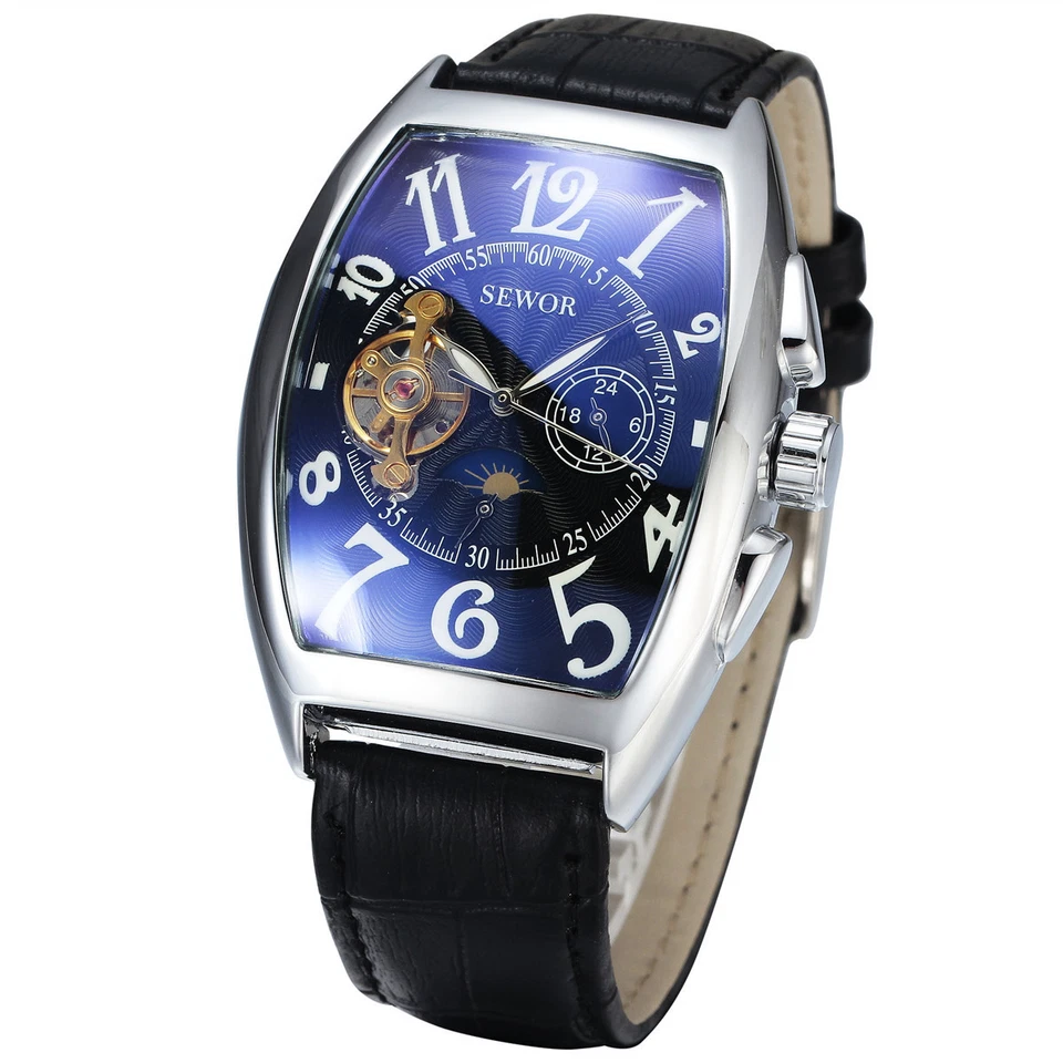 Reloj Pulsera Mecánico Automático Sewor Moda Hombre Fase Lunar Tonneau Analógico Foto 4 de 4